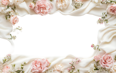 Elegant calligraphy place cards with delicate floral edges arranged on a soft fabric background