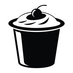 Simple black silhouette shows sweet treat with creamy topping and cherry