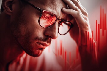 Close-up of a man holding his head in despair, with glowing red charts and numbers reflected in his glasses, capturing emotional toll.