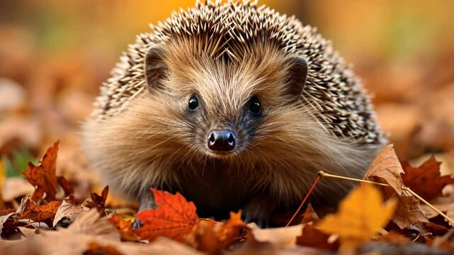 A hedgehog is standing on a pile of leaves. The leaves are orange and yellow, and the hedgehog is looking at the camera