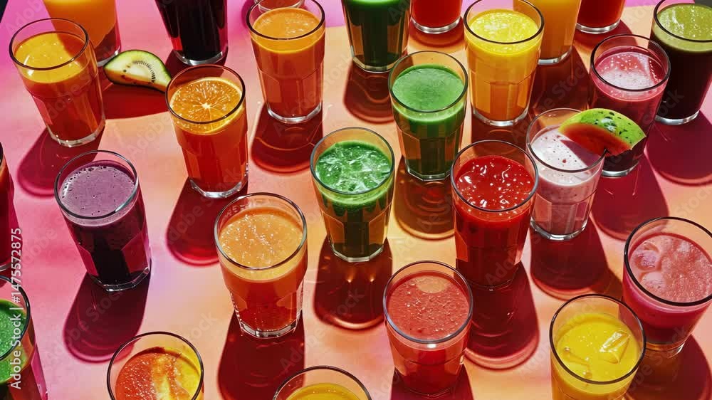 Poster a table full of colorful drinks in tall glasses. the drinks are in various colors and are arranged i