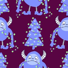 Winter monsters seamless Christmas yeti pattern for wrapping paper and fabrics