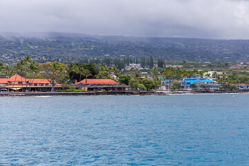 Picturesque Coastal View of Kailua-Kona in Hawaii with Beautiful Ocean and Hills