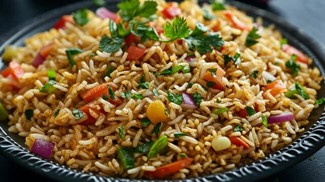A plate of rice with vegetables and spices. The rice is brown and the vegetables are red and green