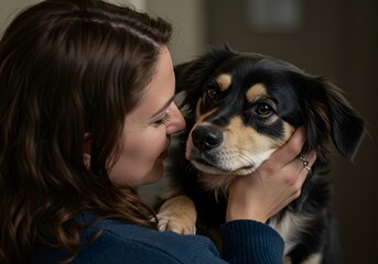 Woman Affectionately Holds and Cuddles Dog, Portrait of a Loving Friendship.