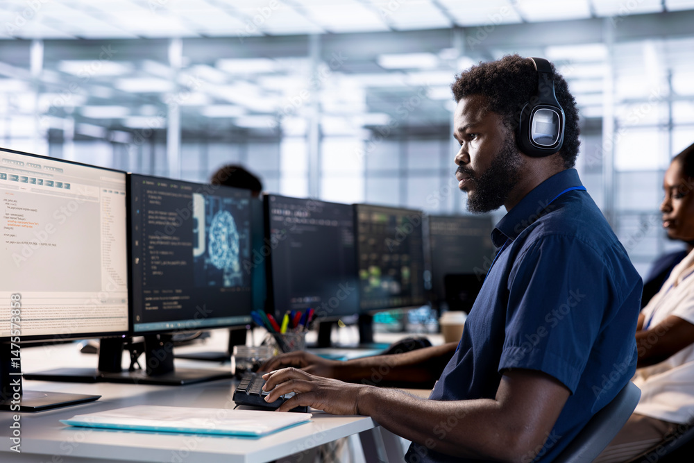 Poster server room employee listening music, creating high performance ai systems on pc. admin in data cent