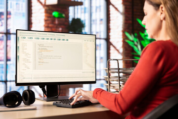 AI chatbot assisting a female freelancer through a seamless interface on a pc, advanced system...