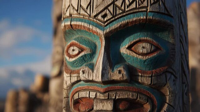 Close-up of a weathered tiki statue carved from wood, featuring blue, red, and brown paint, and stylized facial features against a sky backdrop