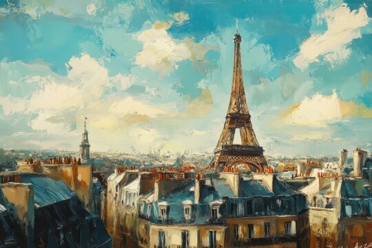 Views of Parisian rooftops with the Eiffel Tower under a blue sky, Top view of the Parisian rooftops and the Eiffel Tower - Powered by Adobe