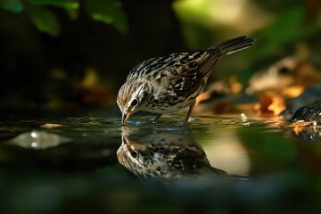 Mistle Thrush foraging in a natural habitat with reflections in shallow water, Mistle Thrush Turdus viscivorus in the wild Mistle Thrush drinking Sounds of nature Close up