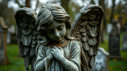 A sorrowful stone angel with weathered features standing in a serene cemetery