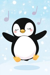Fototapeta premium Cute penguin dancing joyfully with musical notes in a snowy background during winter season