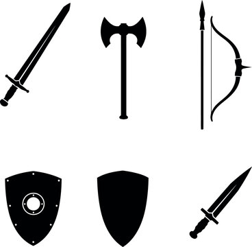 Medieval weapons and shield collection with sword axe bow and dagger vector illustration 