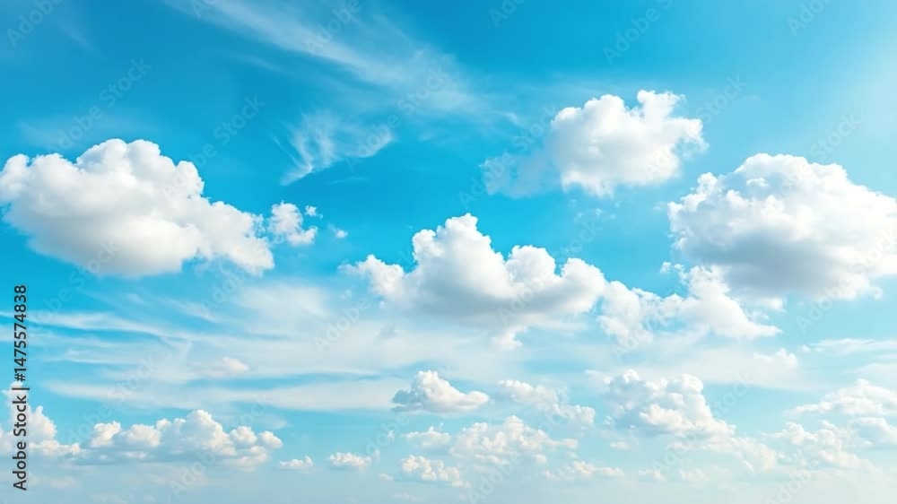 Poster skyward symphony: a serene composition of a brilliant blue canvas, where fluffy white clouds dance a