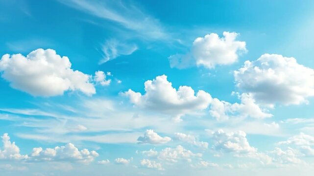 Skyward Symphony: A serene composition of a brilliant blue canvas, where fluffy white clouds dance and drift, filling the frame with an ethereal sense of openness and airiness. 