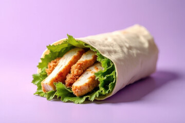 Tempting Chicken Caesar Wrap Photography: Minimalist Soft Lilac Background, Clean Style, Split Lighting Radiance, Spacious Layout, High Resolution