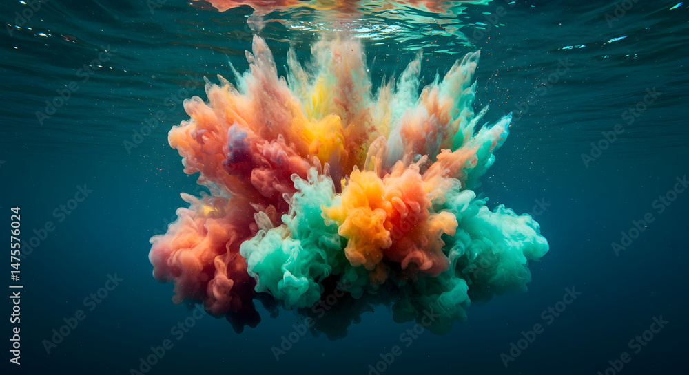 Poster colorful ink explosion underwater creating an abstract artistic motion display