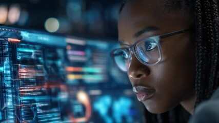 Young woman analyzing data code on computer screen with glasses and serious expression in dark room - Powered by Adobe