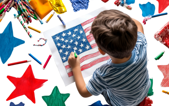 Child coloring an American flag page with crayons focused on creativity