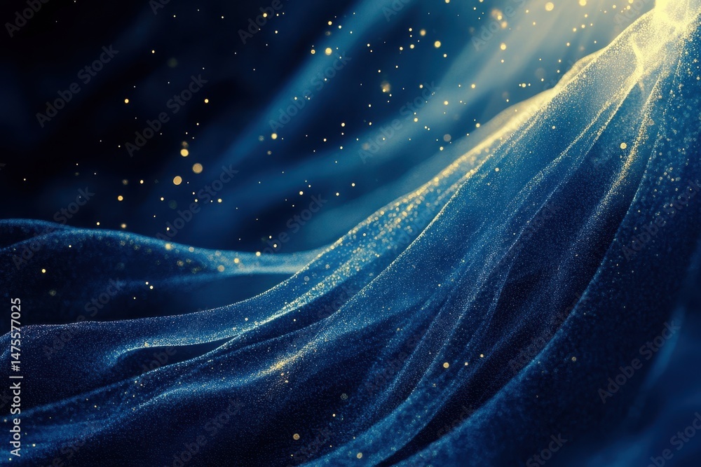 Poster Dynamic abstract blue background with sun rays casting light and creating a serene atmosphere, Abstract blue rotating background with sun rays and moving particles