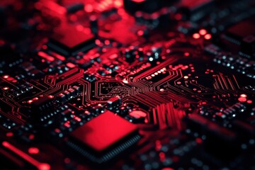 Computer code processing displayed on a black and red background highlighting circuit board patterns and connections, computer code processing on black and red background