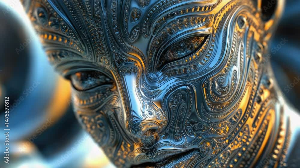 Poster a detailed view of a metal statue's face, perfect for use in art or architecture illustrations