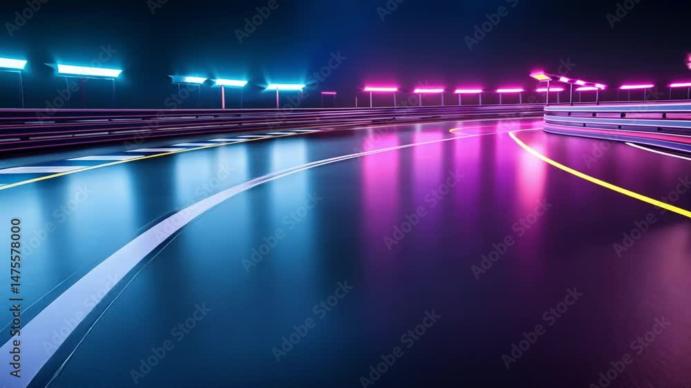 Poster futuristic racetrack with neon lights colorful journey through smooth curves and reflections, creati