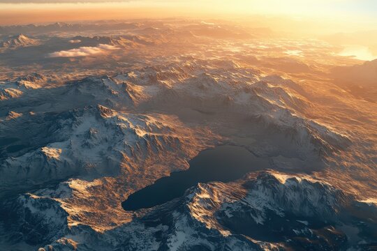 Stunning aerial view of snow-covered lakes and ridges at sunrise, An aerial view over the lakes and ridges of a snow-capped mountain range at sunset