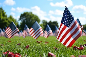 American flags displayed across grassy fields in New York City during a bright and sunny day, American flags flying in New York City
