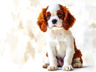 An adorable Cavalier King Charles Spaniel puppy sits patiently for its portrait against a soft beige background.