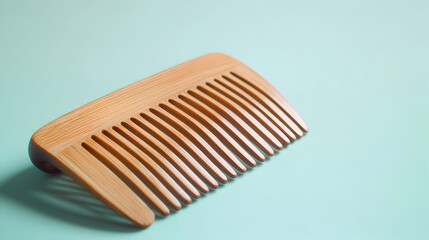 Wooden comb sits on a light blue surface. The comb is made of wood.