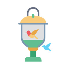 Hummingbird feeder illustration with a blue hummingbird icon