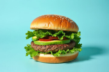 Tempting Vegan Avocado Burger Photography: Clean Food Style, Moody Low Key Radiance, Pastel Blue Background