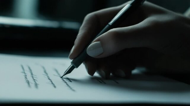 Close-up video of hand gracefully writing with fountain pen on white paper surface