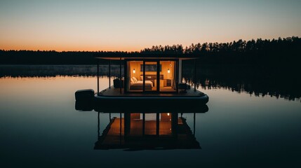 Tranquil Modern Floating House with Glass Walls on Calm Lake