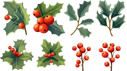 Holly Berry Christmas Leaves and Fruits Icon Symbol - Festive Holiday Decoration