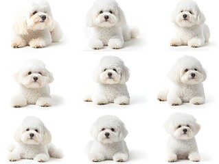 Nine adorable fluffy white Bichon Frise dogs posed in various cute positions against a clean white background perfect for pet product advertising.