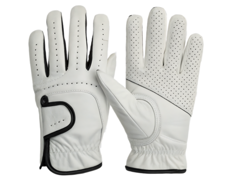 A pair of white golf gloves with black trim and perforated fingers displayed on isolated on transparent background, Generative ai.
