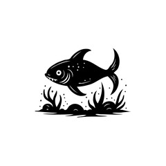 Monochromatic aquatic illustration featuring a stylized piranha in a serene habitat
