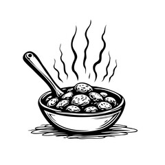 Steaming bowl of cooked dumplings: an appetizing monochrome culinary drawing