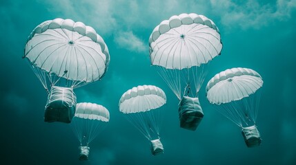 Aerial Humanitarian Aid Drop Over Conflict Zone With Parachutes Delivering Relief Supplies From Air Against Clear Blue Sky