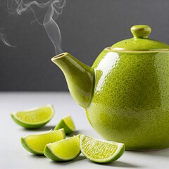 Lime tea: image shows a bright green teapot stylized as a lime with steam rising from the spout, surrounded by fresh lime wedges on a light background, symbolizing fragrant citrus tea with lime