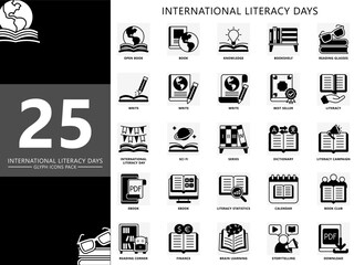 International literacy day glyph icons set. Contain book, write, knowledge, best seller, calendar, e-book, reading corner, book club and more. Vector for education, UI, UX kit, web and app development