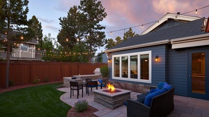 Cozy Suburban Backyard Oasis with Fire Pit and Comfortable Seating