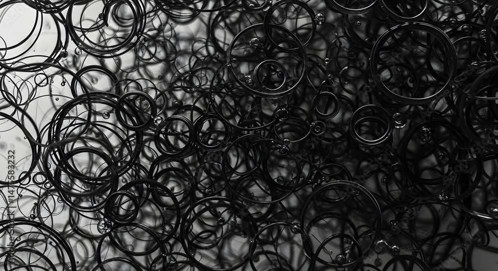 Poster abstract circular forms black and white background with geometric interlocking rings