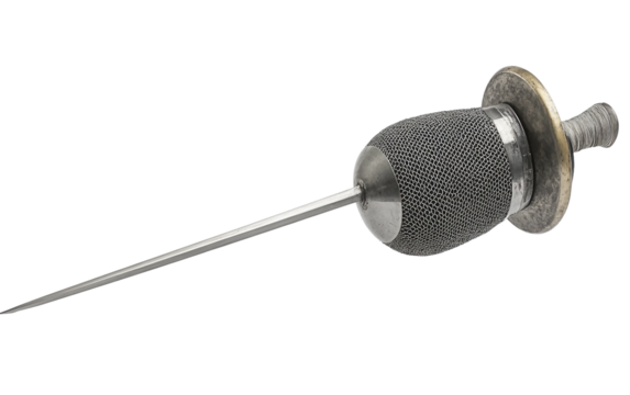Detailed close-up of fencing mask and foil sword with mesh design for a competitive match