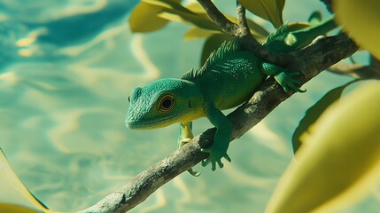 Fototapeta premium Green Lizard Resting on Branch Against Pastel Background, Close-Up Reptile Portrait with Copy Space for Nature, Wildlife, and Pet-Themed Visual Concepts