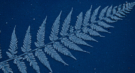 Cyanotype Image Depicting A Fern Against Dark Indigo Blue Background