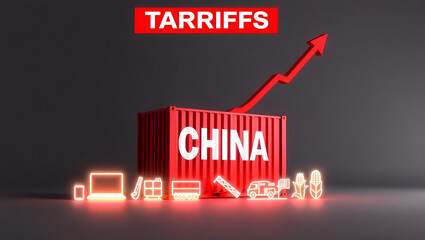 A red shipping container, positioned in the mid-ground and slightly to the left of center, displays the word "CHINA" in large, bold, white letters.  Above the container, a red sign with the word "TARI