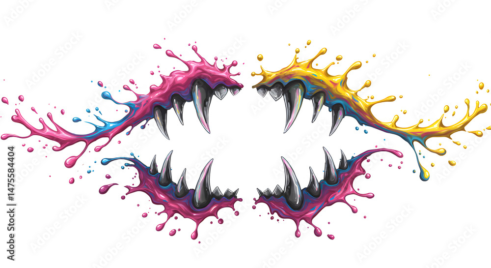 Poster colorful splashes of monstrous jaws with sharp teeth isolated on white background